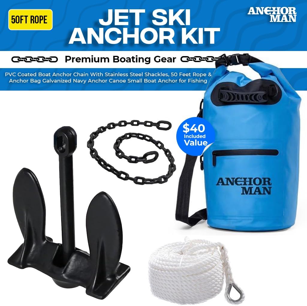 Jet Ski Anchor Kit | Kayak Anchor Kit PVC Coated Boat Anchor Chain with Stainless Steel Shackles with 50 Feet Rope & Anchor Bag | Galvanized Navy Anchor Canoe Small Boat Anchor for Fishing