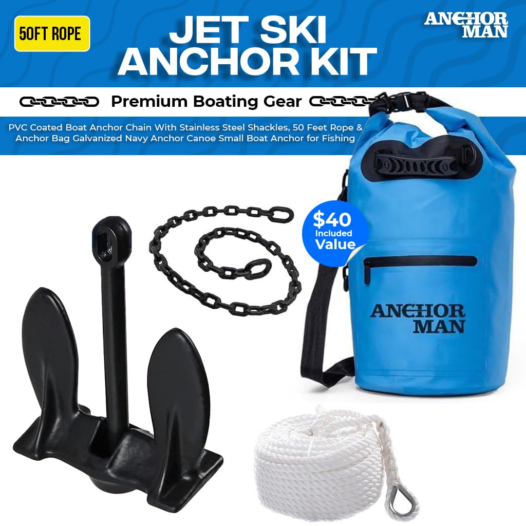 Jet Ski Anchor Kit | Kayak Anchor Kit PVC Coated Boat Anchor Chain with Stainless Steel Shackles with 50 Feet Rope & Anchor Bag | Galvanized Navy