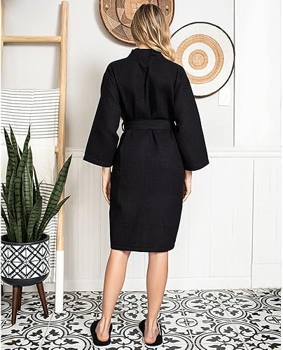 Miniatura 6 de Lotus Linen Bata tipo kimono de punto gofre ligero hasta la rodilla para mujer, batas de baño de algodón para spa, juego de bata personalizada para