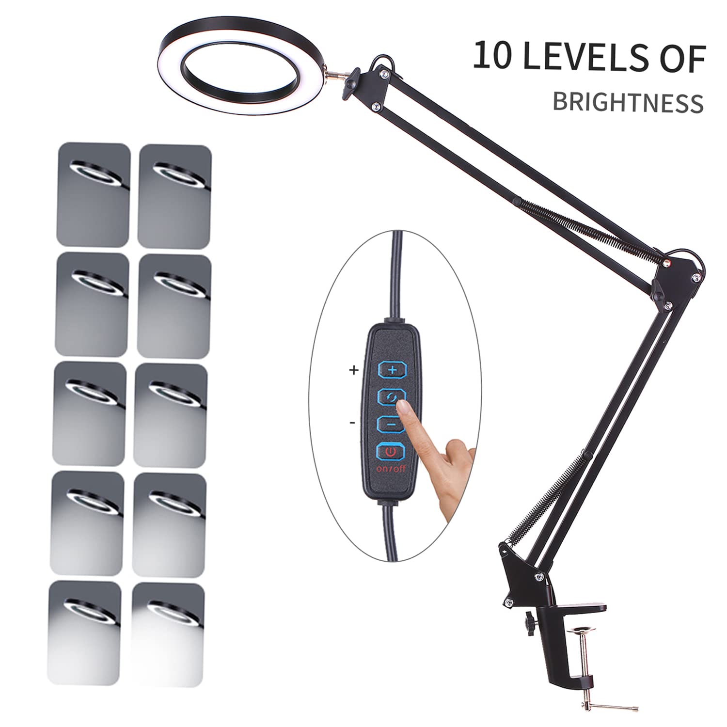 Lámpara de Aumento LED Ampliación 5X, Lámpara de Lupa con Luz,3 Modos de Color 10 Niveles Regulables, Alimentación USB,Lámpara de Brazo Giratorio Ajustable con Clip