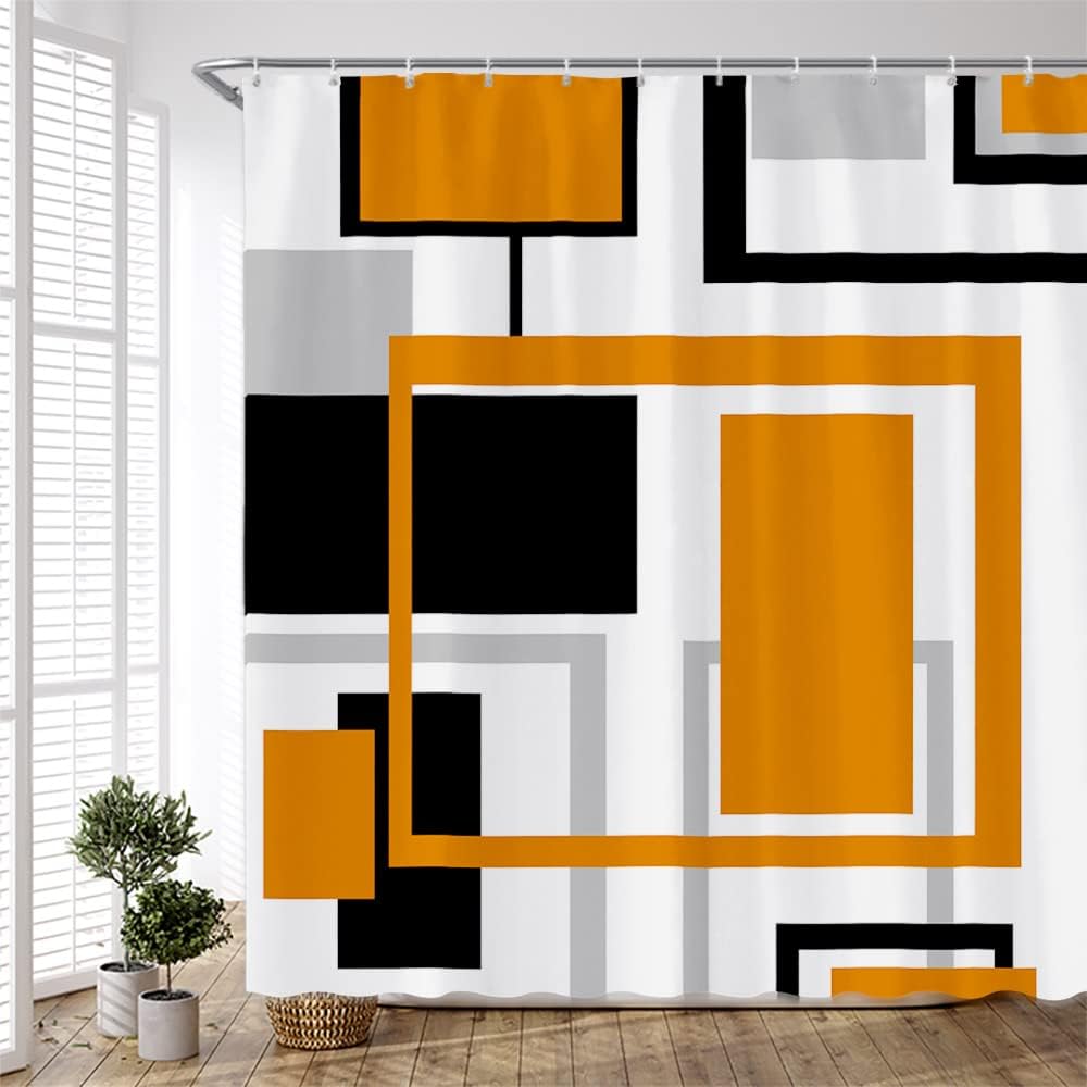 Abstract Geometric Shower Curtain Green Black Gray and White Geometry Squares Modern Fashion Simple Minimalism Home Bathroom Polyester Fabric Decor Set with Hooks 90Wx70H inch