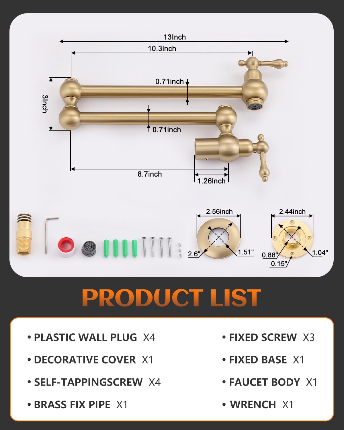 Gold Pot Filler, Brushed Brass Pot Filler Faucet Wall Mount, Potfiller, Vintage Pot Filler Over The Stove Faucet with Two Handles Strechable Double Joint Swing Arms