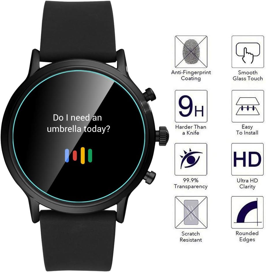 Orzero (3 Pack) Compatible for Fossil Gen 5 CARLYLE HR Smartwatch Tempered Glass Screen Protector, 2.5D Arc Edges 9 Hardness HD Anti-Scratch Bubble-Free (Lifetime Replacement)