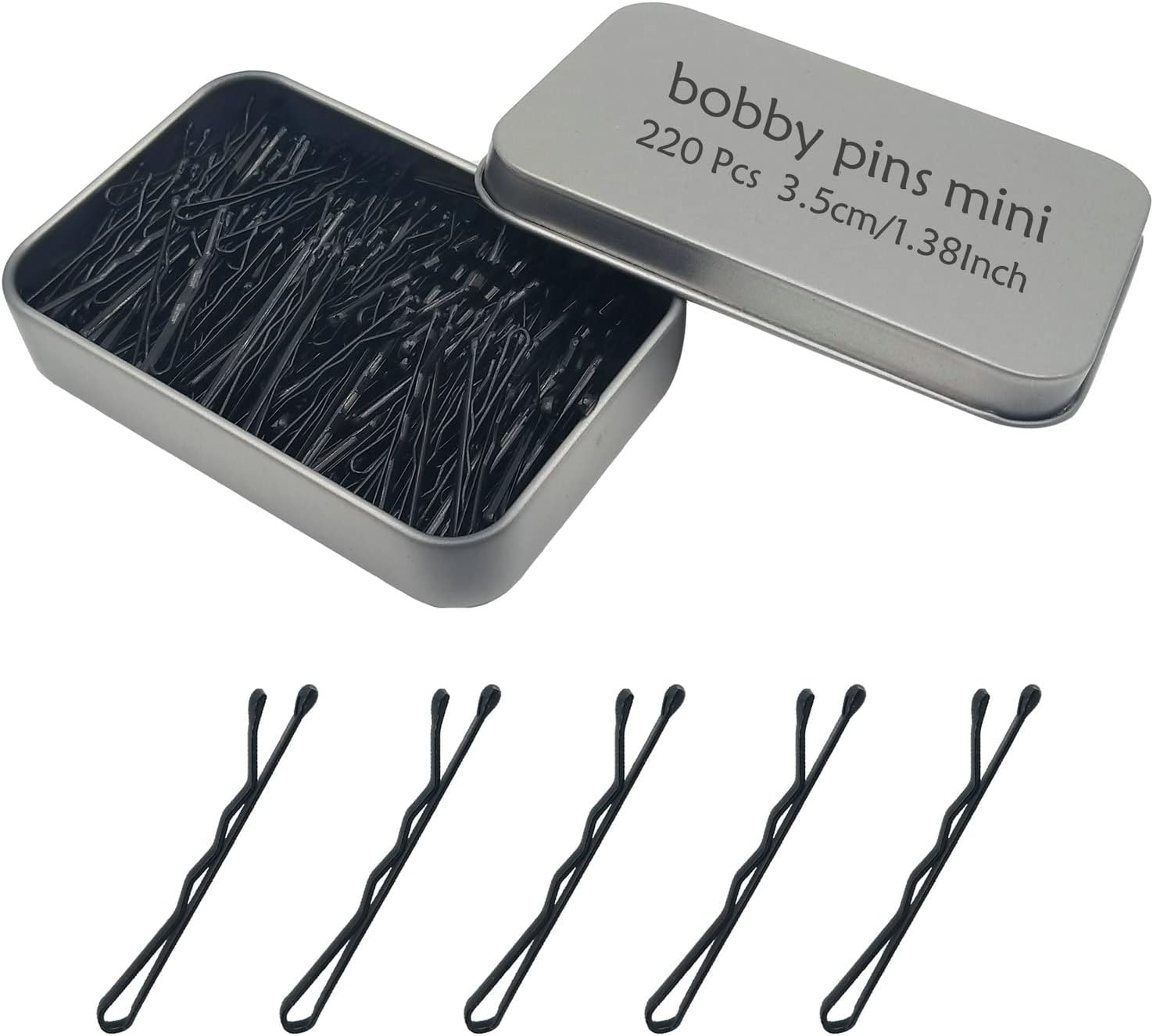 YINGFENG 220 Count Mini Wavy 1.38 Inch bobby pins black, Small Hair Bobby Pins with Storage Box for Updos, Metal Hair Clips for Kids, Girls and Women, Suitable for All Hair Types
