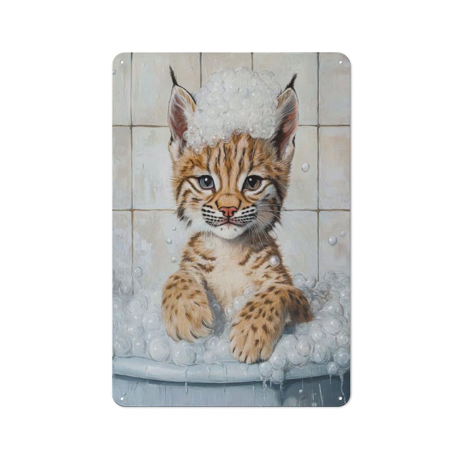 Metal Wall Plaque with Lynx Bath Time Design 30x20cm, Retro Room Wall Plaque for Home, Shop, Pub Or Studio Wall