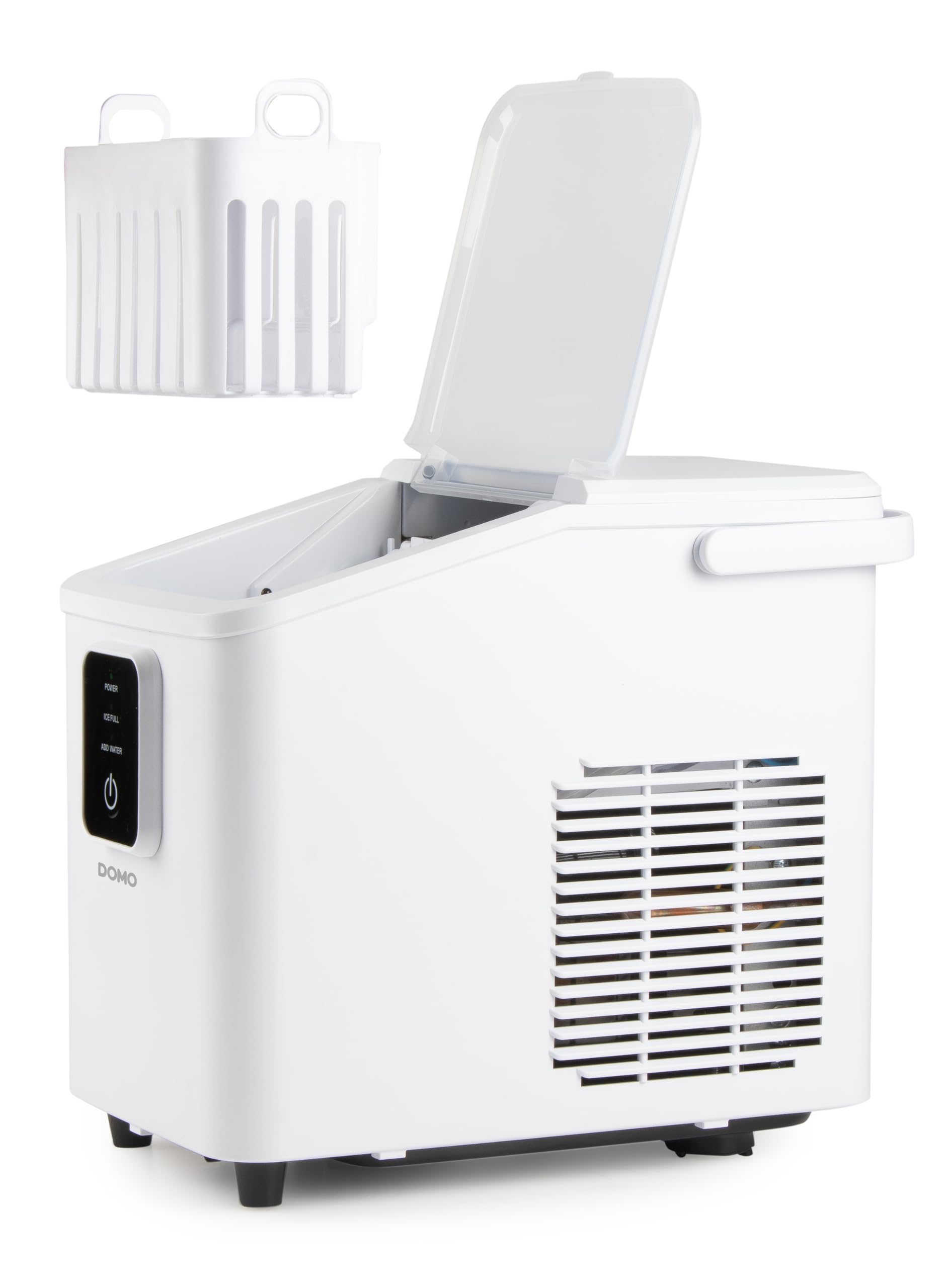 DOMO DO9292IB - Máquina para hacer cubitos de hielo con pala de hielo – 0,8 l – 9 cubitos de hielo en 8 minutos – 12 kg en 24 horas – Pequeña máquina de hielo portátil con mango – Blanco
