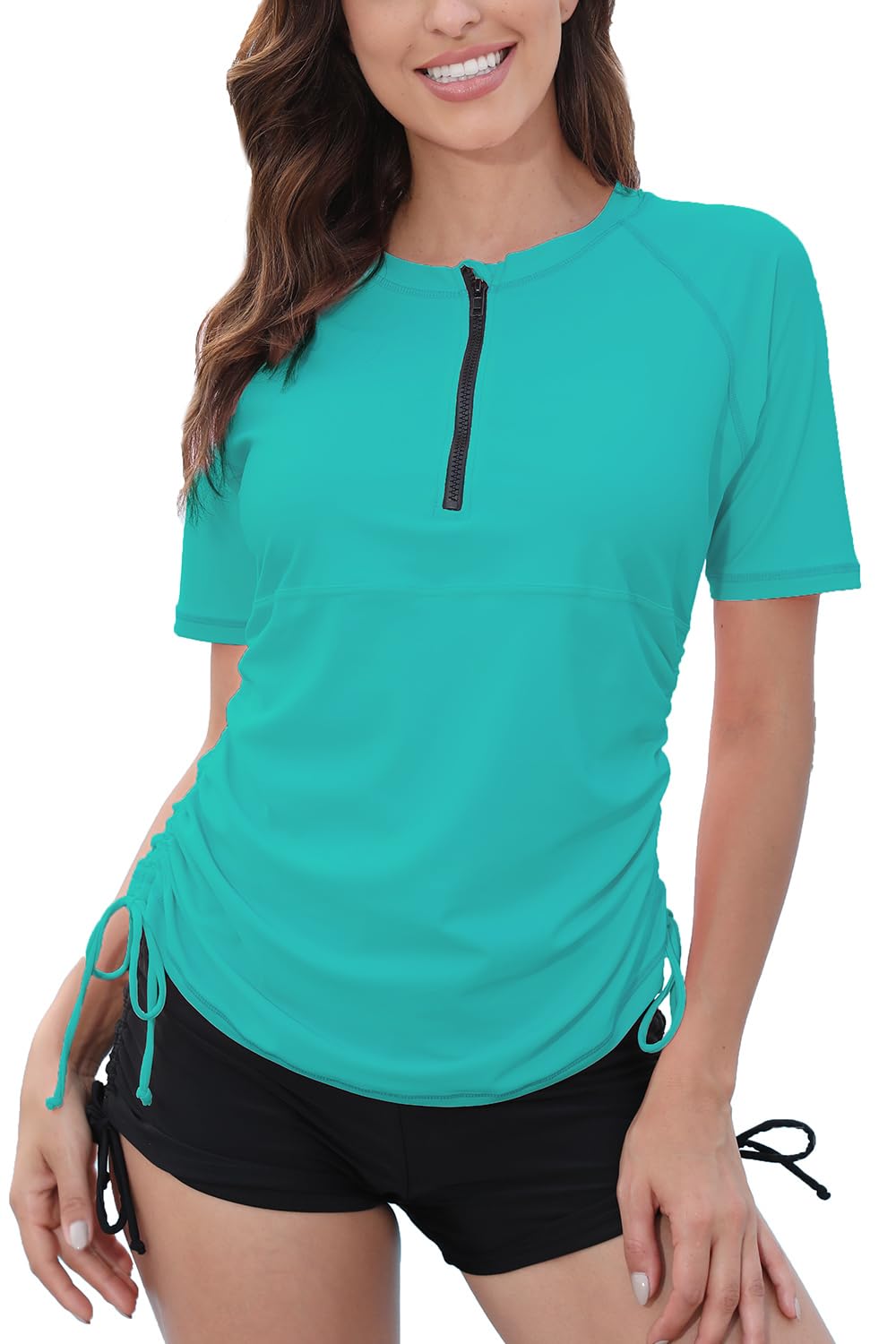 Halcurt Women's Half Zip Rash Guard Swim Shirt UPF50+ | Short Sleeve, Tie Drawstring Top for Beach & Pool Activities
