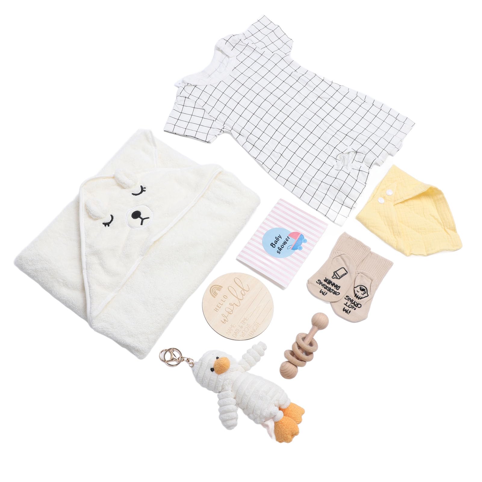 Cesta de Regalo para bebé, Juego de Regalos para Baby Shower Recién Nacido con Ropa de bebé Neutra, Manta, Baberos, Calcetines, Muñeca, Sonajero de Madera, Tarjeta de Felicitación para Niños