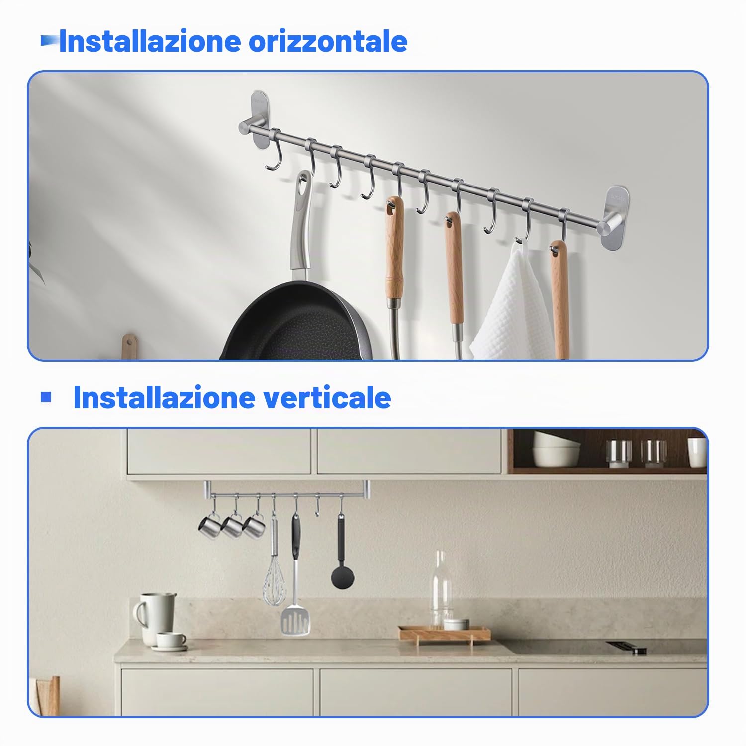 Porta Utensili da Cucina in Acciaio Inox con 12 Ganci Nessuna Perforazione, Nichel Spazzolato