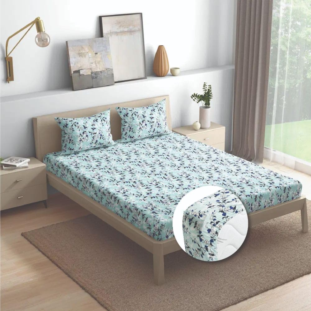 Wakefit Cotton Fitted Bedsheet | 200 TC Elastic Fitted Sheet, King Bed Bedsheet with 2 Pillow Covers Floral| Cicely - 78X72 Inches, Blue