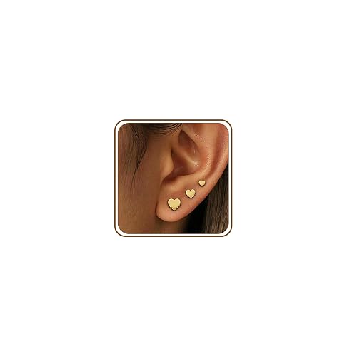 Lunvky 3 Pairs 14K Gold Plated Stud Earring Sets for Women Small Dainty Sterling Silver Earrings for Multiple Piercing Cartilage Tragus Trendy Post Cute Earrings Stacks Jewelry Birthday Gifts