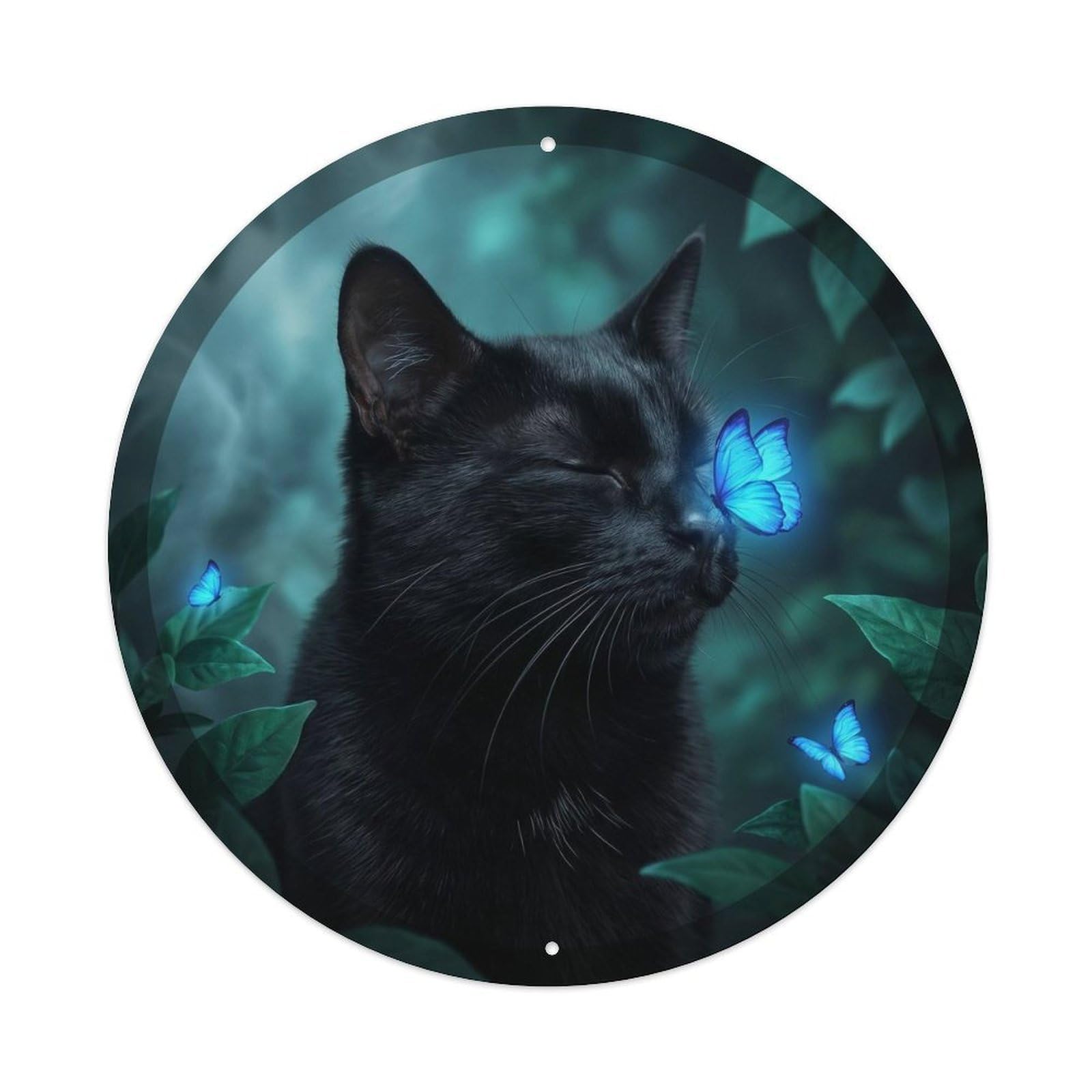 Black Cat Zen Pet Portrait Mystic Forest Calm Nature Kawaii Metal Tin Sign Plaque Wall Decor for Cafe, Man Cave, Club Bar, Office, Home Garden Round Metal Poster 8x8Inch