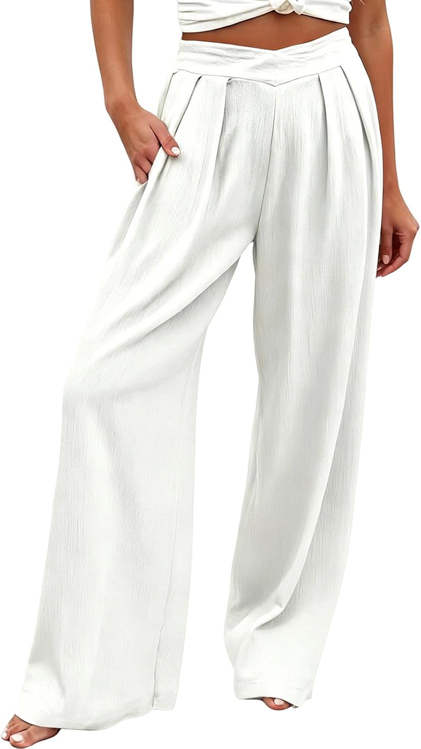 Women Flowy Pants High Waist Wide Leg Casual Pleated Palazzo Pants Beach Vacation Loose Fit Trousers with Pockets