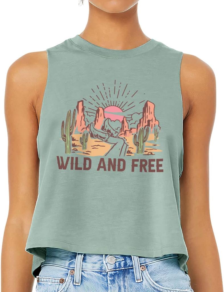 Wild and Free Racerback Cropped Tank - Landscape Women's Tank - Cactus Tank Top