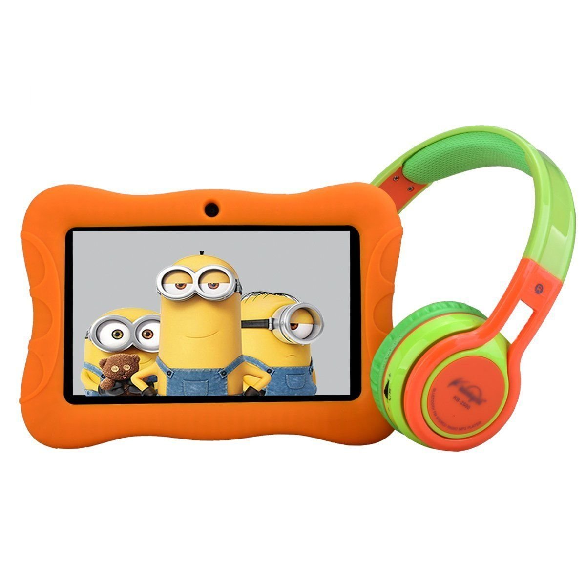 Contixo 7" Educational Learning Kids Tablet & Kid Safe 85dB Bluetooth Over The Ear Headphones Bundle (Orange)