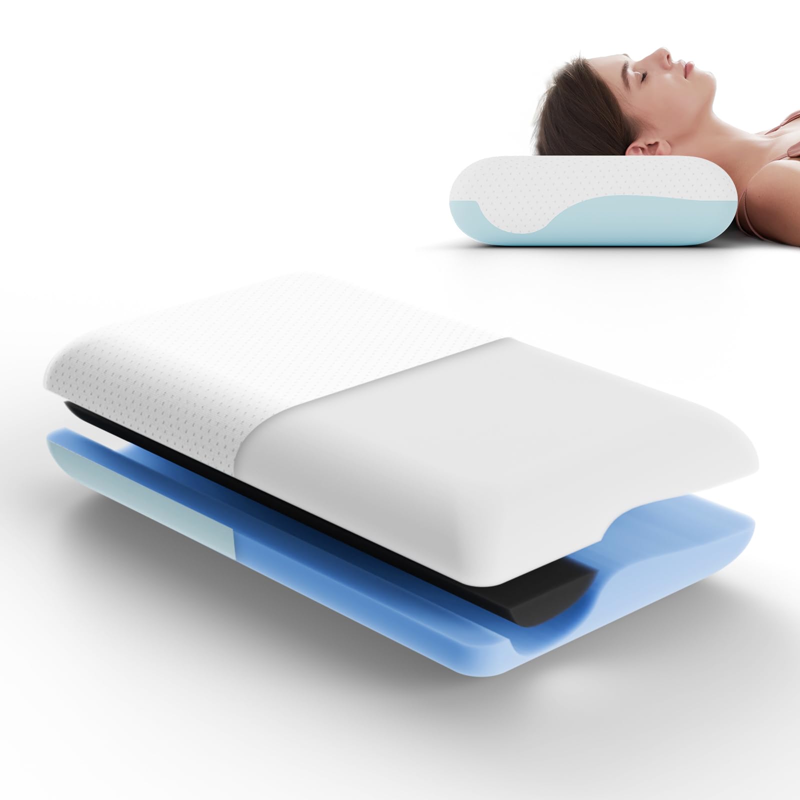 ROYGBIV Almohada cervical ortopédica de espuma viscoelástica 60 x 38 x 11 cm – Reposacuello ergonómico contra tensiones – Funda extraíble lavable envasada al vacío