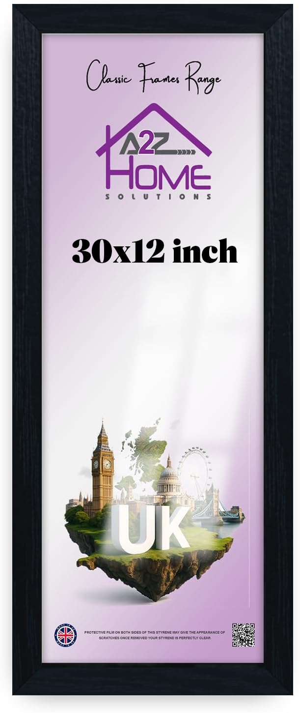 A2Z Home Solutions Panoramic Black 30x12 Inch Solid MDF Flat Poster Frame – Premium Textures with HD Perspex, Metal Clips Ideal for Home, Office, Gallery, or Studio Display -(Black)