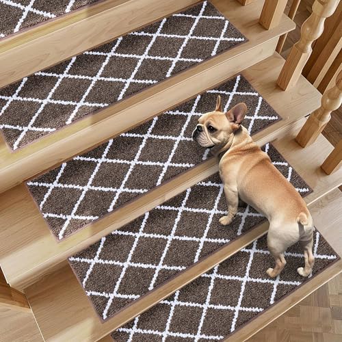 Non-Slip Stair Treads for Wooden Steps Indoor, 4 Pack 9" X 28" Edging Stair Carpet Mat with TPE Backing, 0.4" Thick Stair Runners for Kids Elders & Pets, 100% Polyester Stair Rugs, Brown&Whi