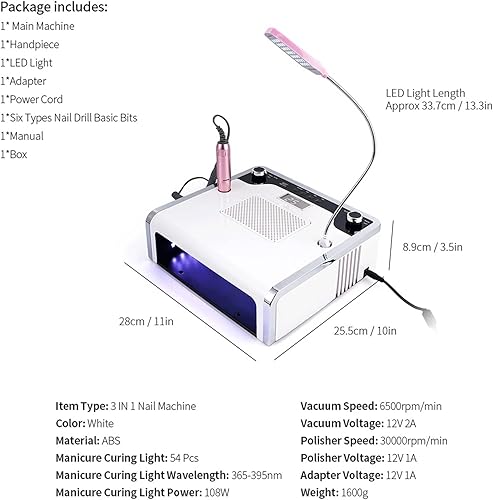 Miniatura 9 de Colector de polvo de uñas, aspiradora 4 en 1, colector de polvo con lámpara LED de uñas, 3 temporizadores, potente secadora de manicura, aspiradora,