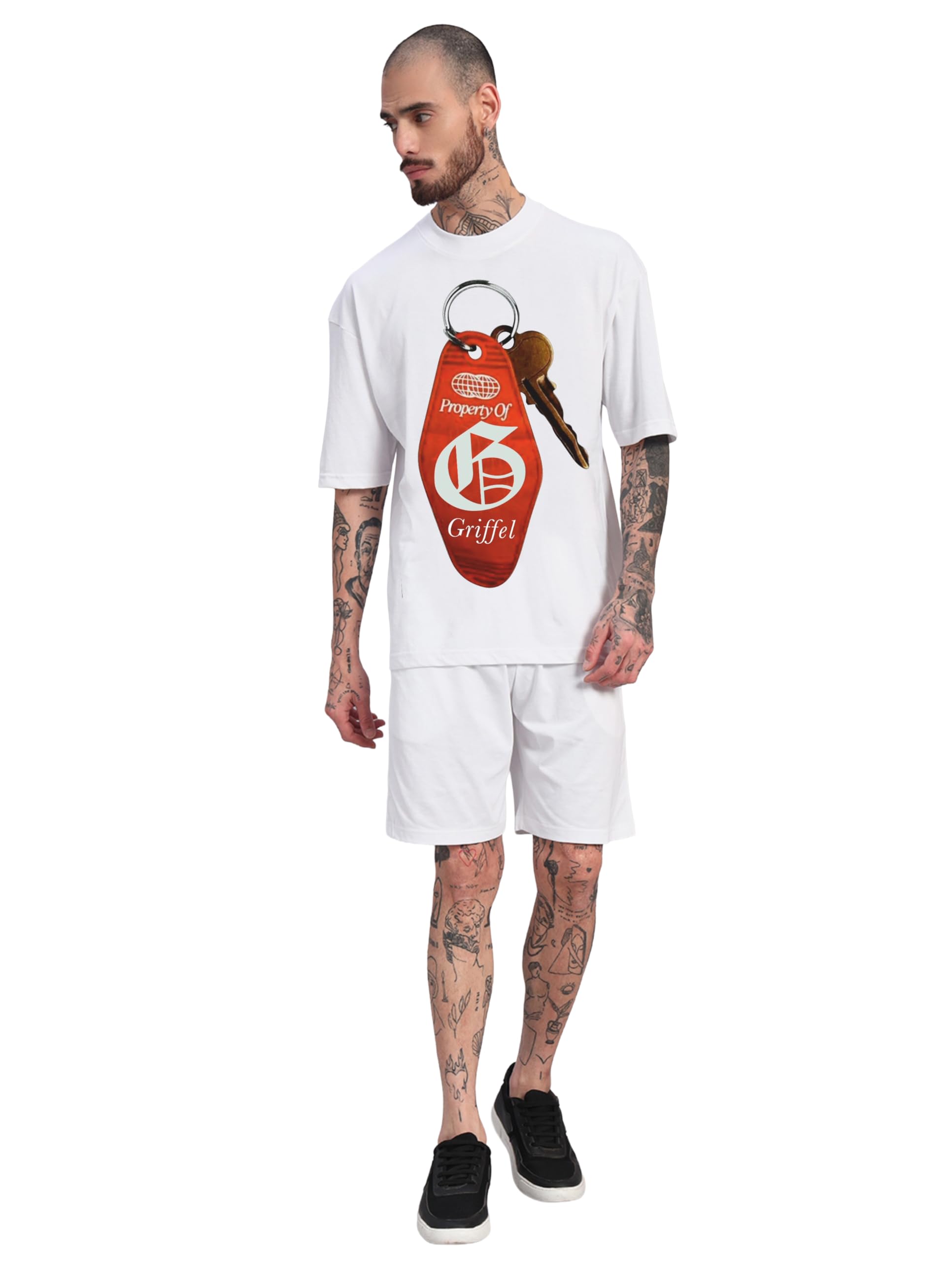 Men’s Key Graphic Oversized Cotton Co-Ord Set | Relaxed Fit T-Shirt & Shorts Set | Streetwear Casual Summer Outfit-image-34