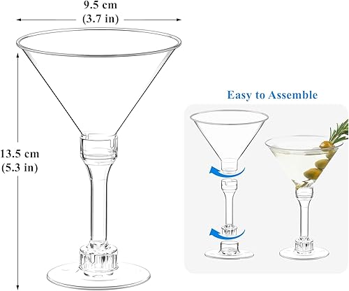 Miniatura 10 de TOFLEN Paquete de 40 vasos de Martini de plástico desechables, taza de postre de 6 onzas de alto con cucharas reutilizables para cócteles para vino