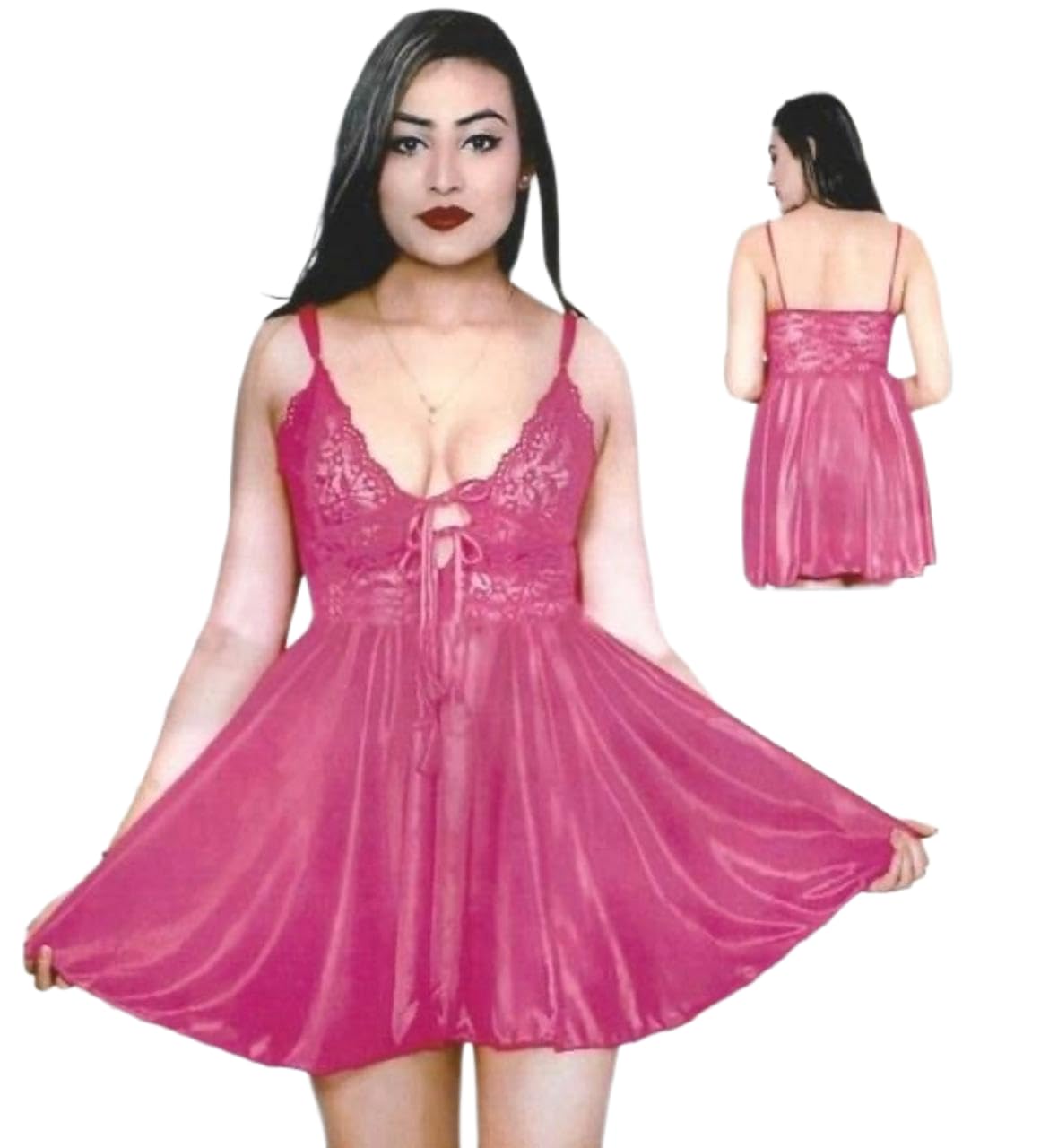 MOOLYAVAAN Products Women Satin Lace Babydoll Short Nighty Set with Panty | Short Sexy Lingerie Dress | Soft Sleepwear (Pink)-image-19