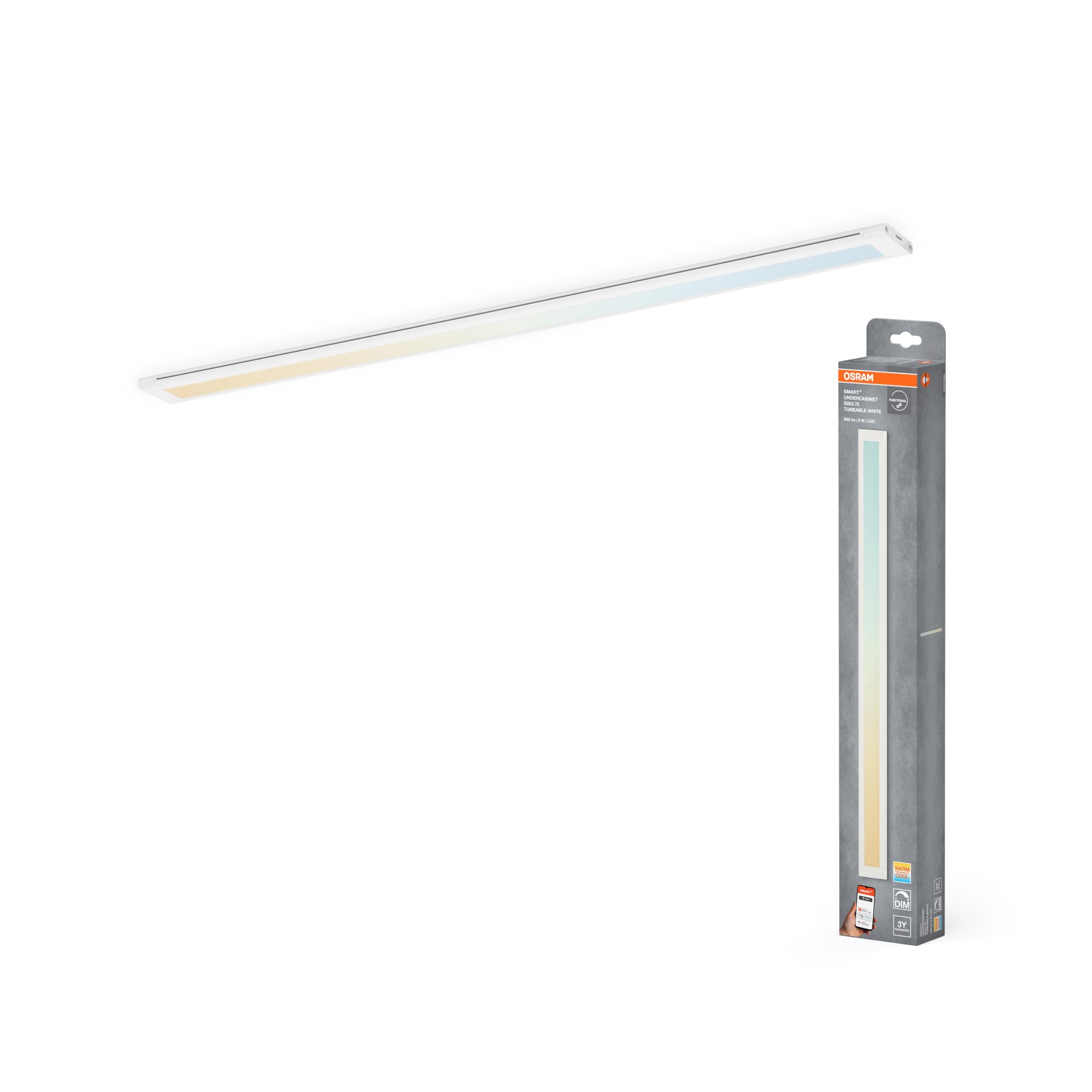 OSRAM Oświetlenie podszafkowe SMART+ Wifi wąskie 50x3,75 z TW, w kolorze białym z obudową aluminiową, stopień ochrony IP20 do użytku wewnątrz pomieszczeń, łatwe w montażu