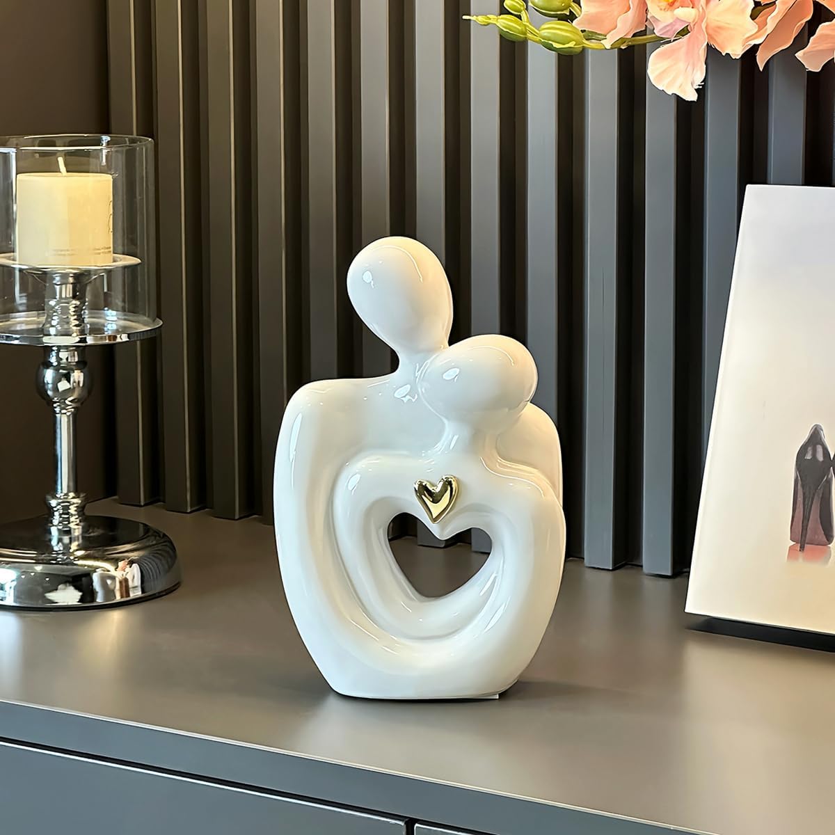 Hugging Couple Statues Ceramic,Figure Statue for Home Decorations, Modern Romantic Sculptures for Living Room Bedroom Office Decor,Gift for Anniversary Valentine Birthday (White Gold M)