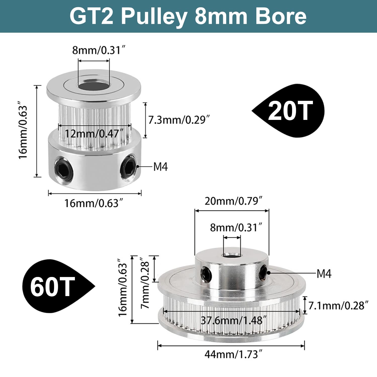 2 Kit Synchronous Wheel 20&60 Teeth 5mm Bore,Aluminum Timing Pulley With Pcs Length 200mm Width 6mm Beltbore 5mm 87943144 - View #2