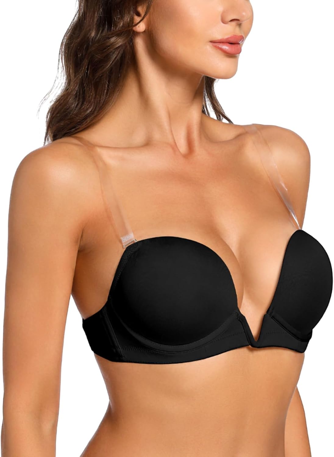 Plusexy Women's Plunge Bra with Clear Straps and Back Deep V Low Cut Padded Push Up Backless Bras - Image 2