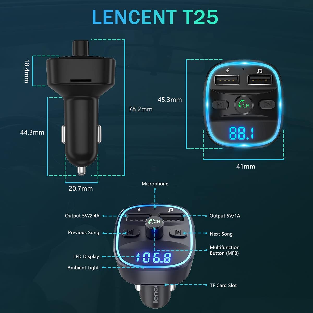 LENCENT FM Transmitter, Upgraded (2021 Version) 2022 Bluetooth FM Transmitter Wireless Radio Adapter Car Kit with Dual USB Charging Car Charger MP3 Player Support TF Card & USB Disk : Electronics