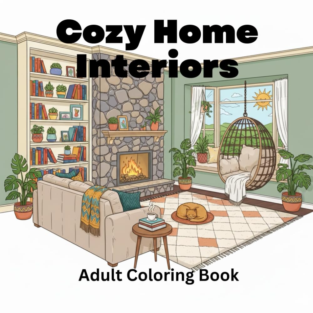 Cozy Home Interiors: Adult Coloring Book for Stress Relief & Mindfulness: 50 Relaxing Home Scenes, Cozy Rooms & Hygge Moments for Anxiety Relief & Calm