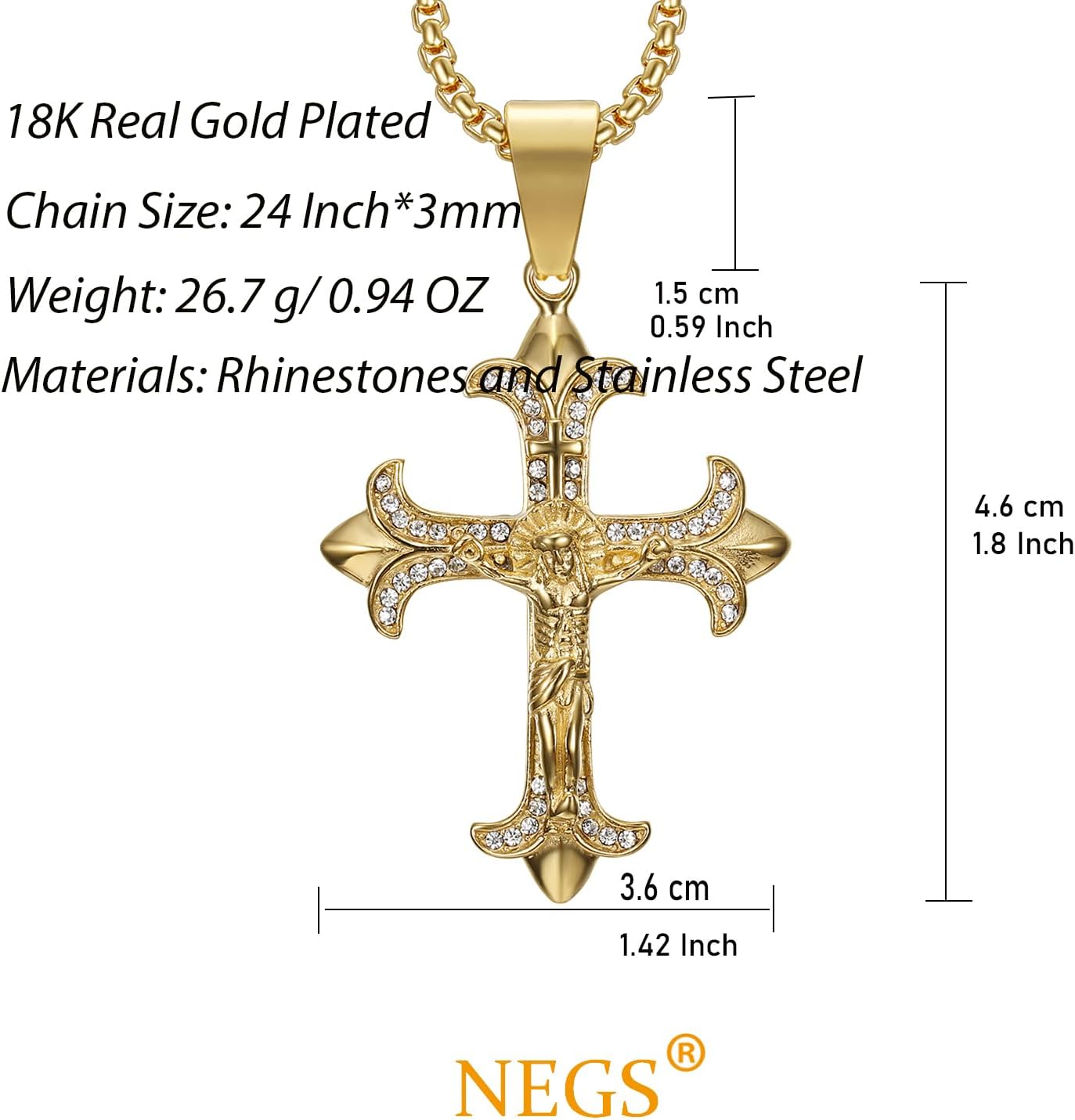 NEGS 18K Gold Plated Crucifix Cross Catholic Christ Pendant Stainless Steel Necklace for Men Women,24 Inch Chain Jesus Prayer Christian Easter Jewelry Gift - Image 6