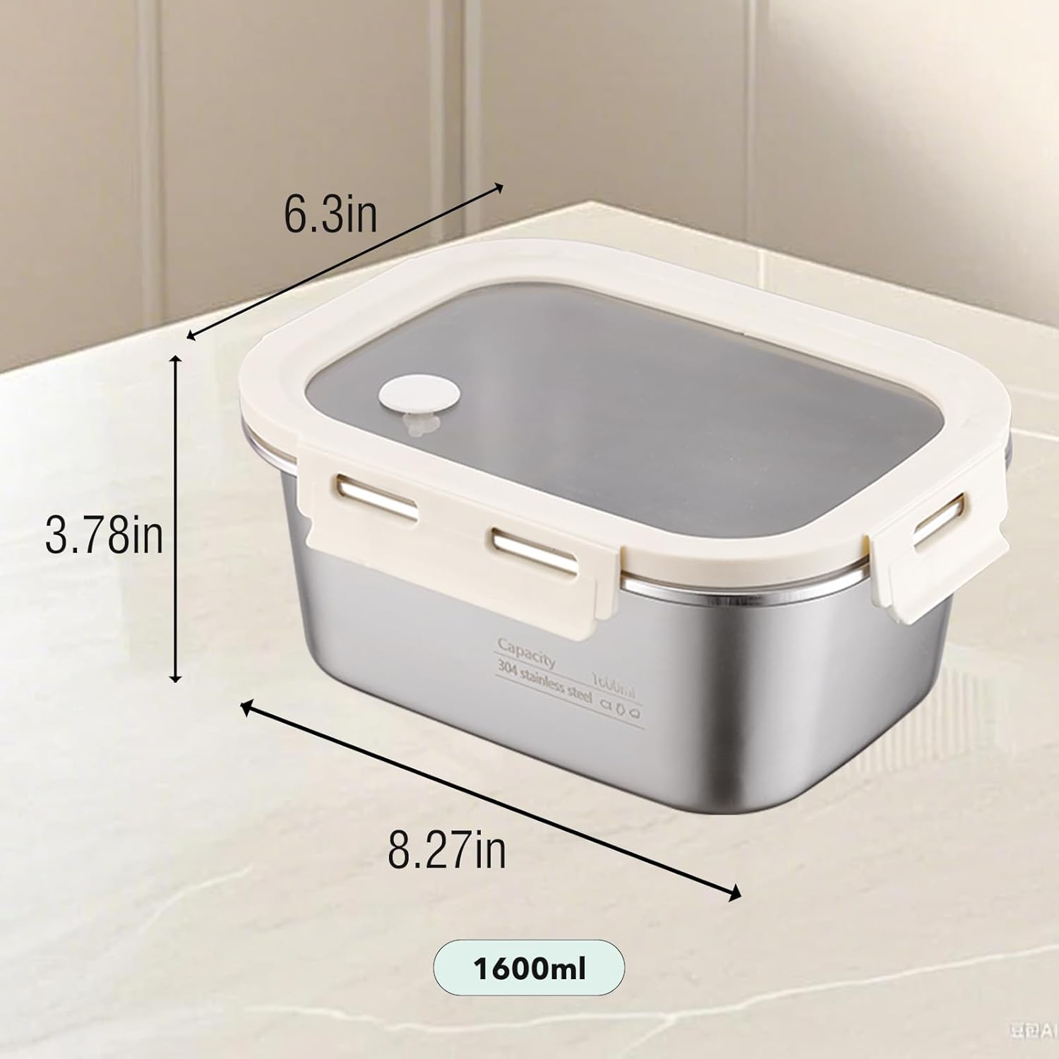 Rectangular 18-8 stainless steel lunch box with lid and silicone vent, suitable for lunch boxes, using sealed silicone rings, suitable for kitchen, snack, fruit, and outdoor picnic use (Large)