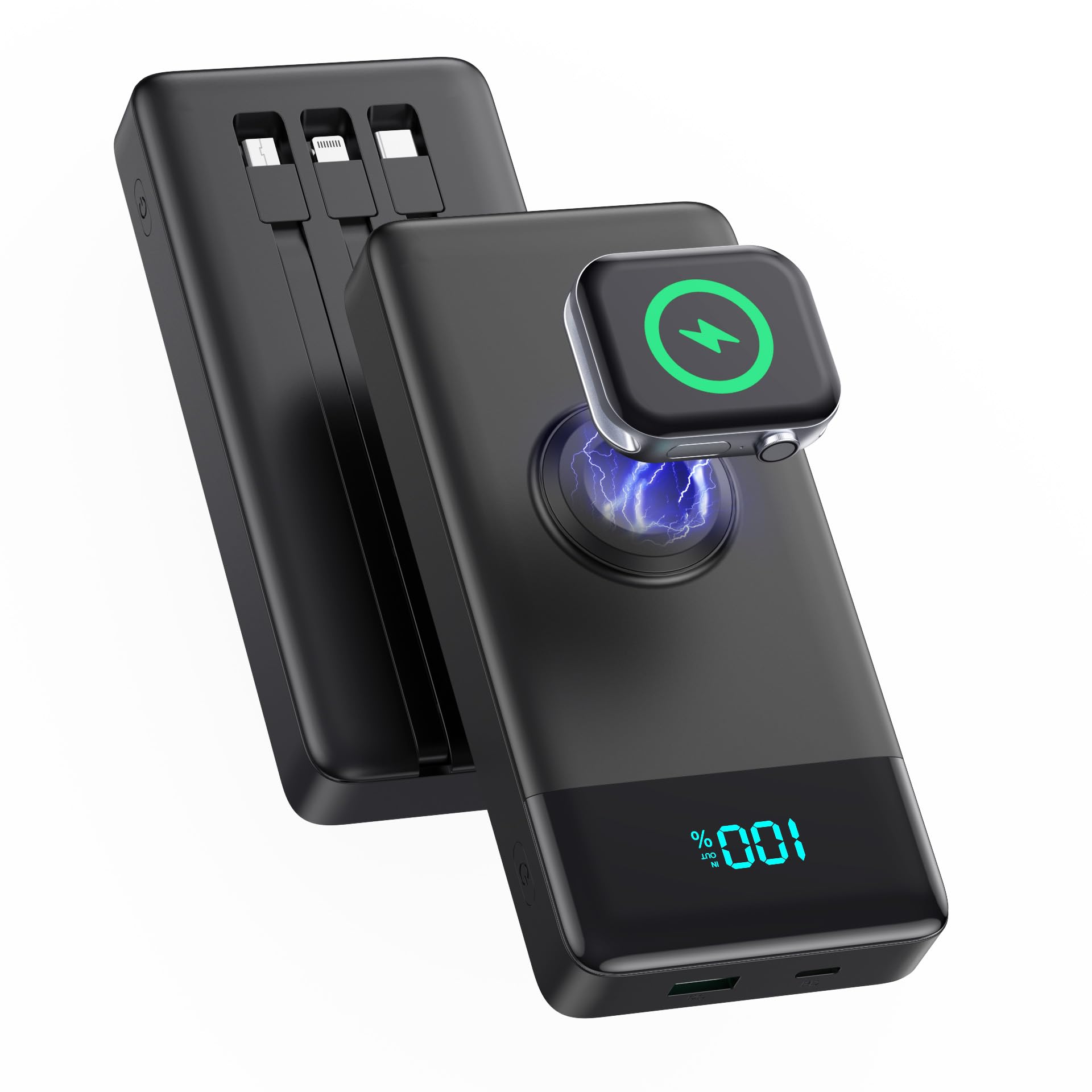 Power Bank 10800mAh con 3 Cavi Integrati & Caricatore per Apple Watch, 6-in-1 Caricatore Portatile 25W PD+QC4.0 Ricarica Rapida USB-C Batteria Esterna con Display LED per i-Watch/iPhone/Samsung etc.