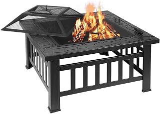 Fire Pits Outdoor Wood Burning Firepit 32in Outdoor Fire Pit Metal Square Firepit Wood Burning Backyard Patio Garden Beaches Camping Picnic Bonfire Stove with Cover BBQ Cooking for Outside Camping