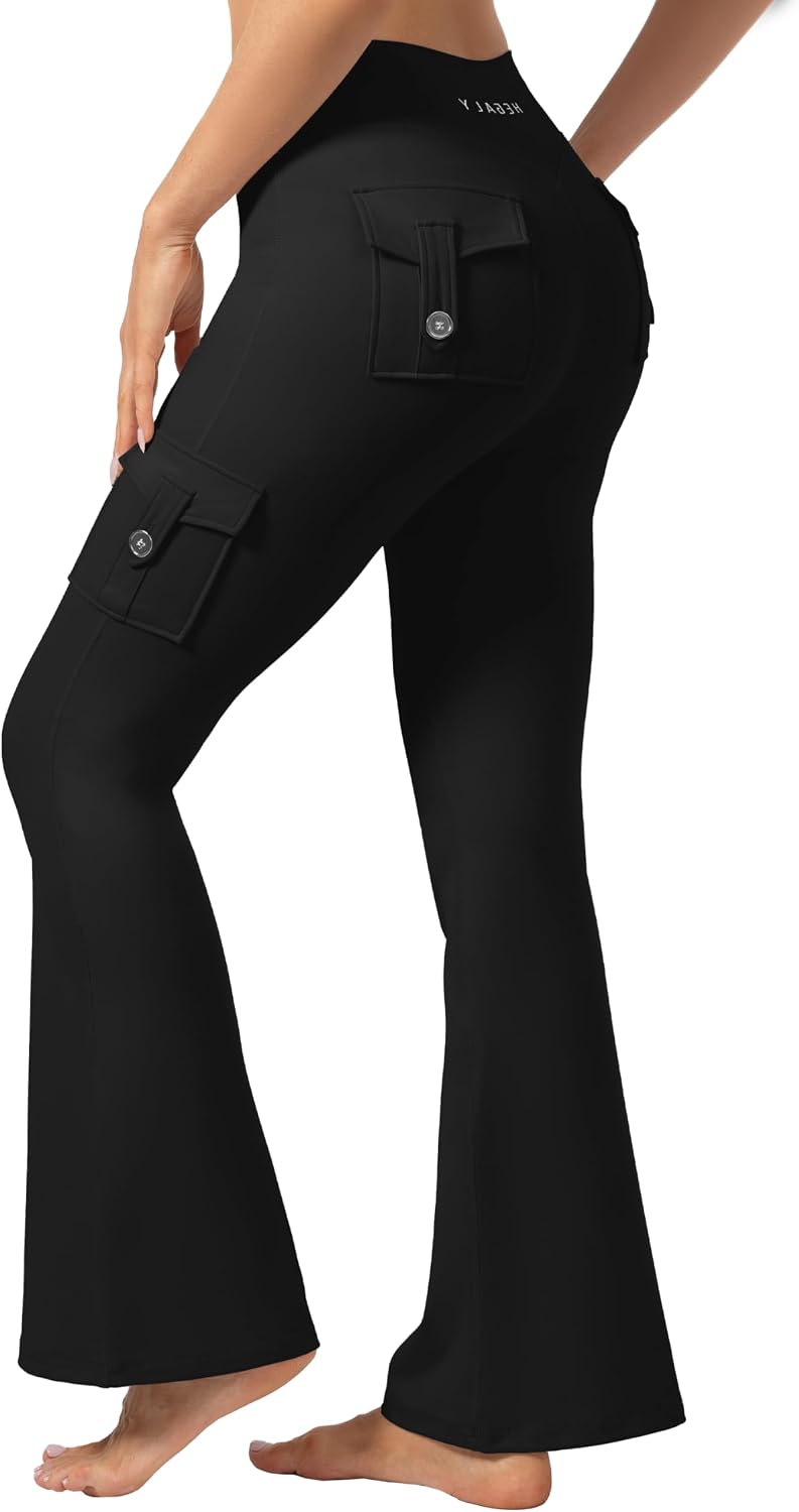 Flare Leggings with Pockets for Women High Waisted Hidden Scrunch Cargo Gym Workout No Front Seam Yoga Pants