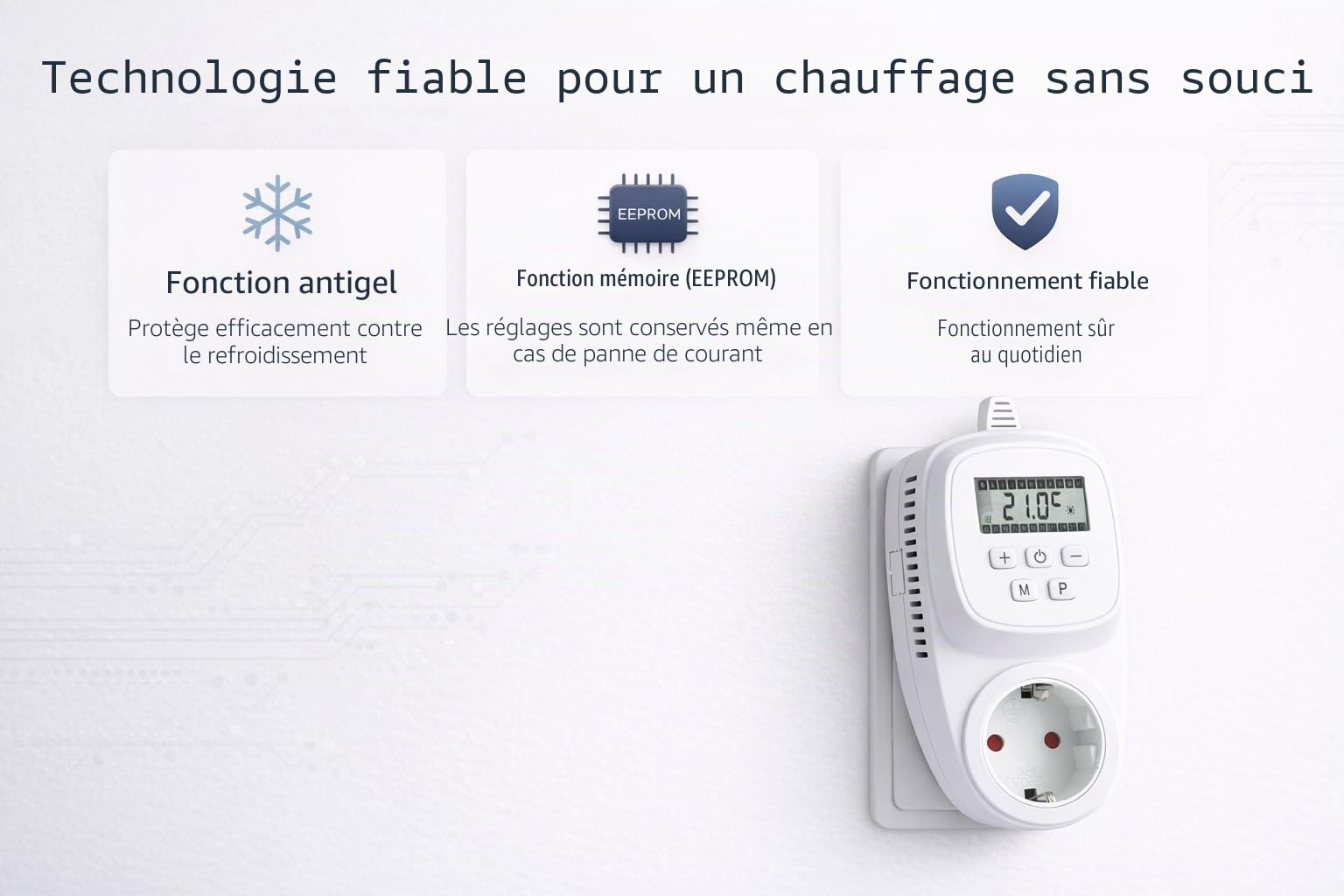VIESTA® TH12 thermostat prise, programmable, 7 jours, 230 V / 16 A / 3600 W, 5–35°C, 0,5°C, écran LCD, EEPROM, protection antigel, pour chauffages électriques, panneaux chauffants