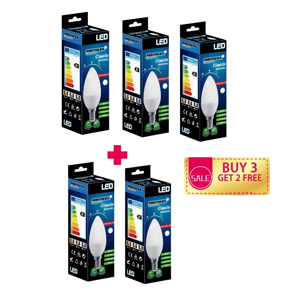 MilanluxLED Bulb, Non-Dimmable, 560 Lumen, Warm White (3000), 7W = 45W, E14 Base, BUY 3 GET 2 FREE