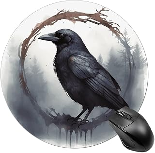 Black Crow Round Mouse Pad 7.8 Inch Cute Small Computer Mouse Mat with Non-Slip Rubber Base Waterproof Funny Aesthetic Mousepad for Laptop, Computer, Desk & Office