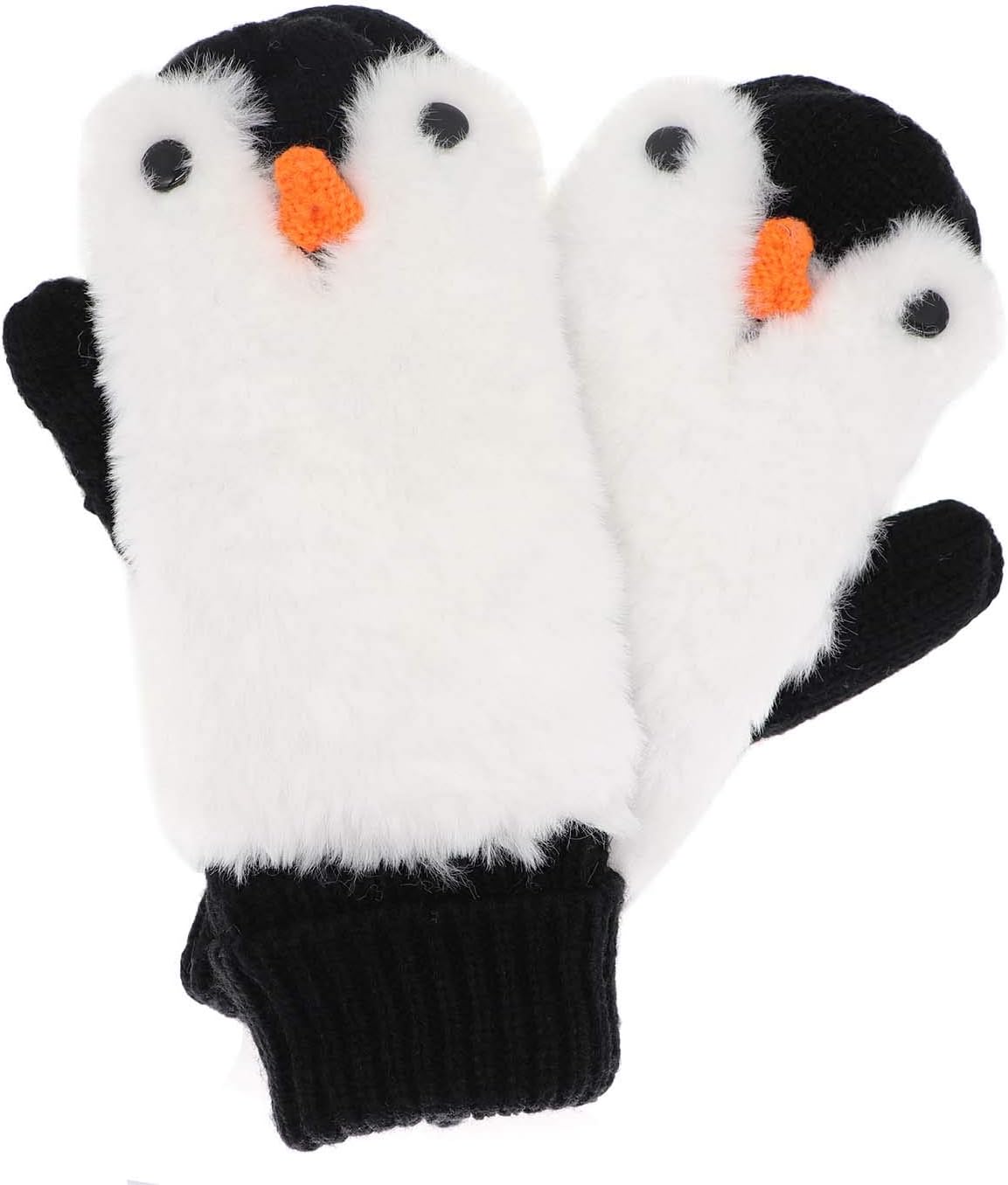 Women Penguin Mitten Gloves Winter Warm Lining Cozy Knit Pluffy Fuzzy Faux Fur Mitten