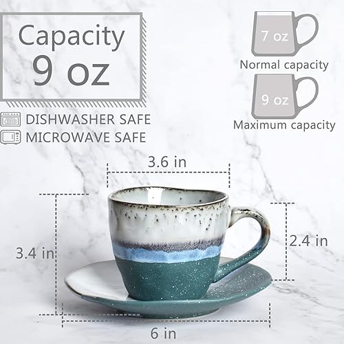 Miniatura 8 de Bosmarlin Juego de 2 tazas de café de gres con platillo para café con leche, capuchino, té, onzas, lavavajillas y microondas (azul, 2)