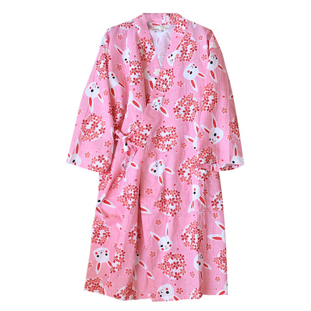 Fancypumpkin Women's Color203 Fancy Pumpkin Kimono Robe Yukata Bathrobe Pajamas [Pink Bow]