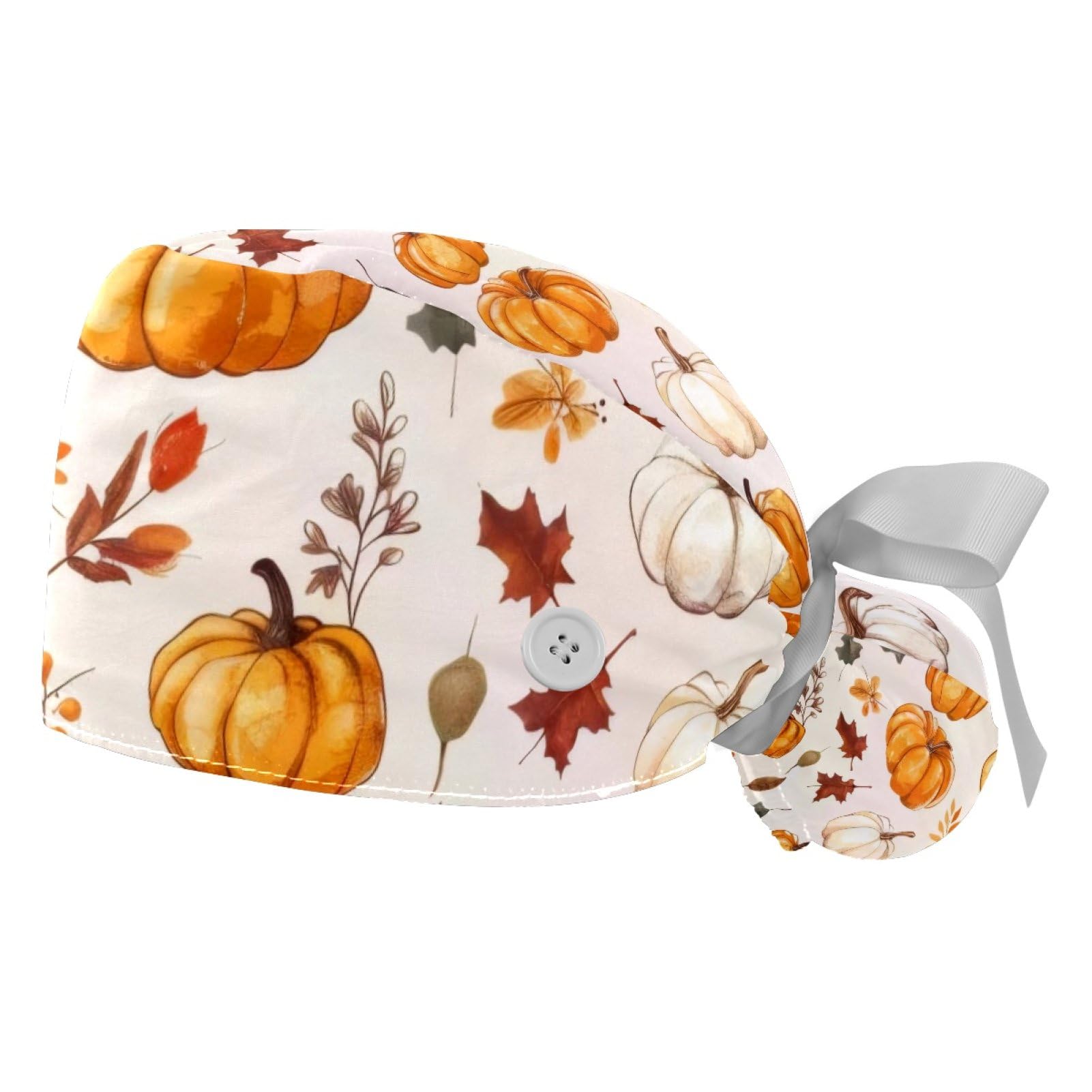 2Pcs Thanksgiving Pumpkin Pattern Scrub Caps Button Sweatband Adjustable Working Cap Surgical Cap Nurse Hats Women Men Multicoloured