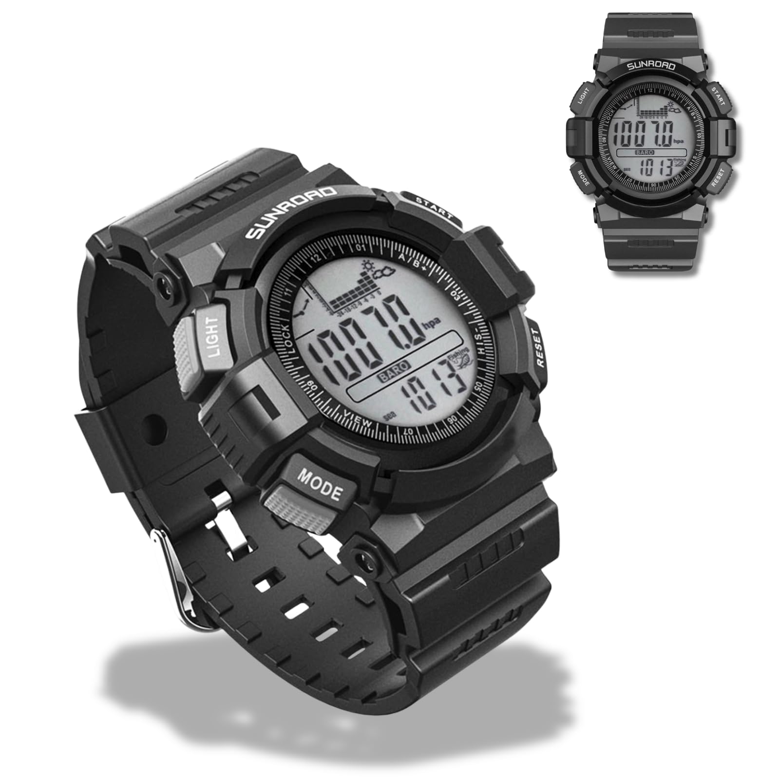 Herren Digitaluhr Sport 5 ATM Wasserdicht mit Backlight für Angeln | Angeln Herren Uhren Digital Sport mit 6 Angelplätze, 24 Stunden Luftdruckkurve, Höhenmesser, Thermometer, Wettervorhersage