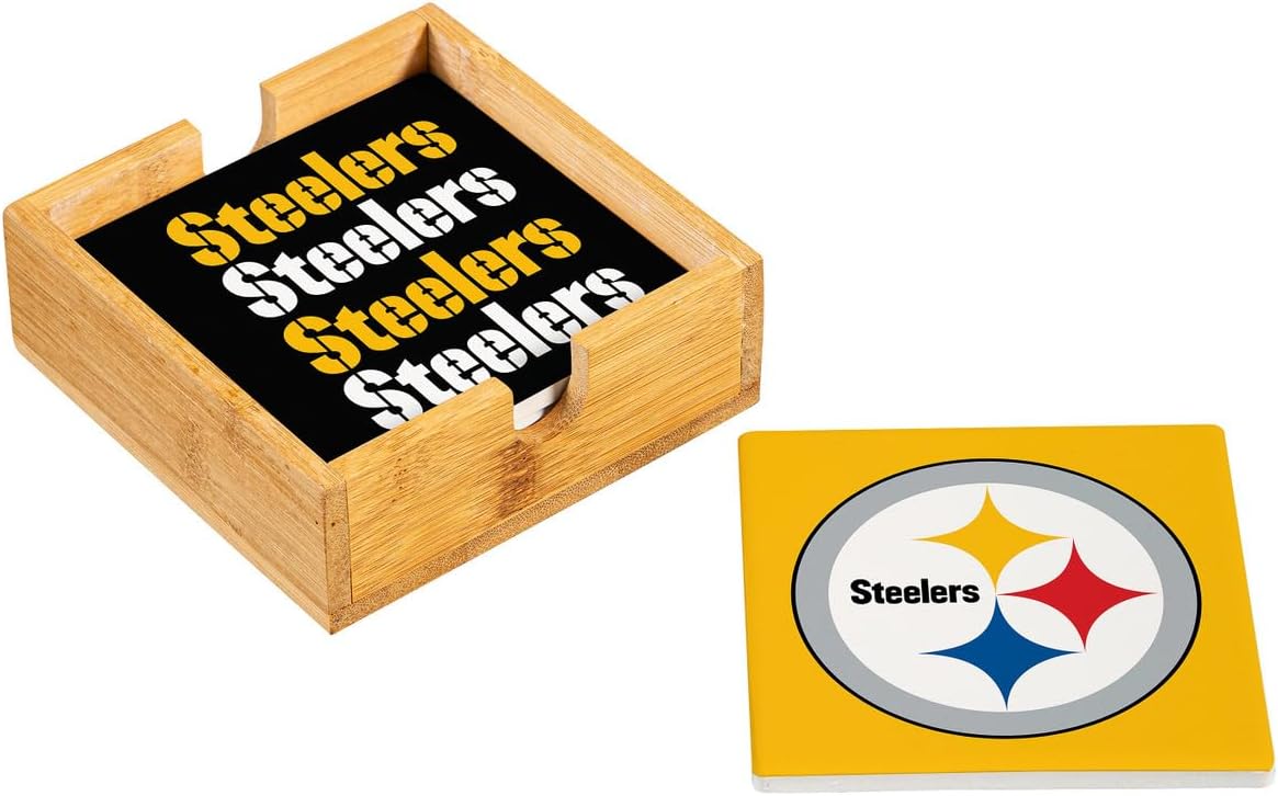 NFL Pittsburgh Steelers Coasters Gift Set with Wood Caddy, 4pcs Ceramic Stone Drink Coasters with Wooden Holder, Football Tabletop Décor for Home, Bar, Man Cave, Holiday for Men Women