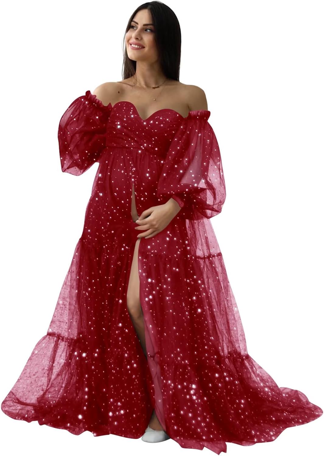 Wchecalino Sparkle Starry Tulle Maternity Dresses for Photoshoot Ruffles Puffy Sleeve Long Robes for Baby Shower