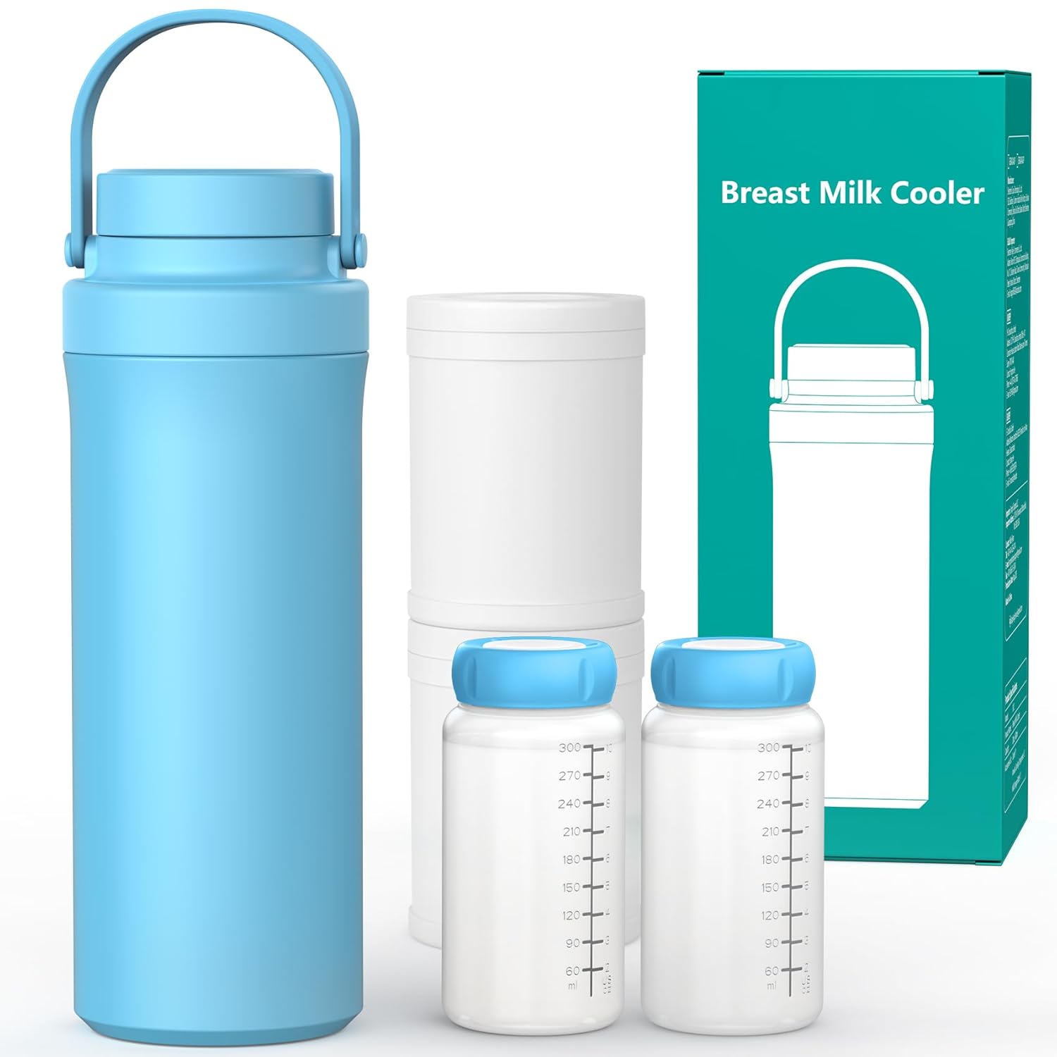 Xaproo 22oz Breast Milk Cooler Bottle, 360° Cooling Technology for 24 Hours, Larger Capacity Travel Breastmilk Chiller with 2pcs Baby Bottles, Portable Milk Cooler for Breastmilk, BPA-Free Light Blue