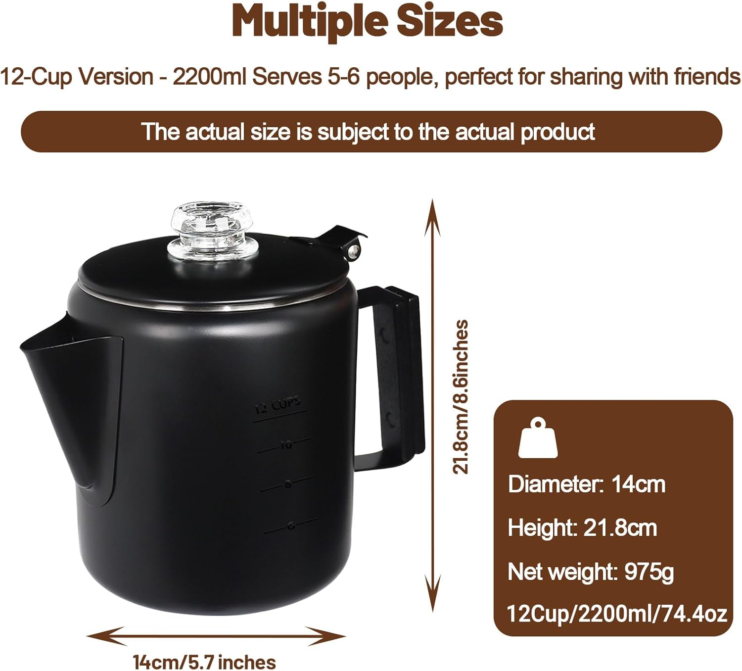 12 Cup Percolator 304 Stainless Steel Coffee Pot Coffee Maker Coffee Machine with Solid Wood Handle Transparent Knob Stovetop Greca Mocha for Induction Home and Camping 2200ml 74.4oz