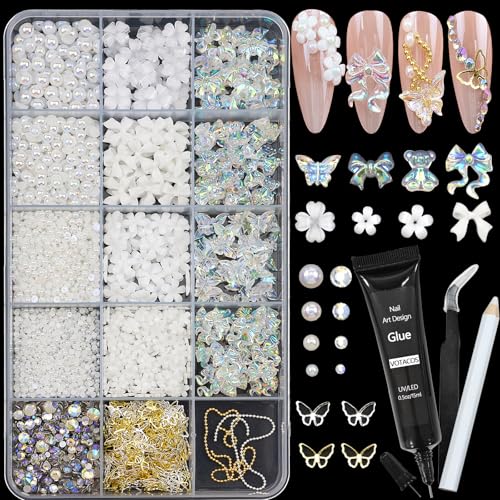 Flatback Nail Art Pearls and Rhinstones - Flower Bow Charms with Gel Glue - Gold, Silver, Butterfly Colors - Women's Acrylic Nail Decorations